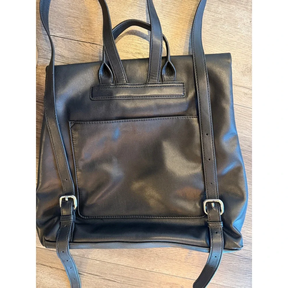 DKNY Black Faux Leather Foldover Roll Top‎ Backpack Flap Closure